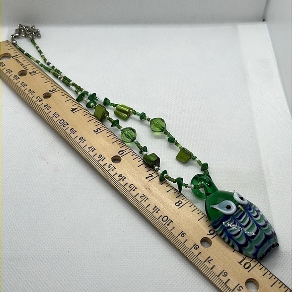 Glass Owl Necklace and Matching Earrings Green Blue and White - Picture 5 of 9